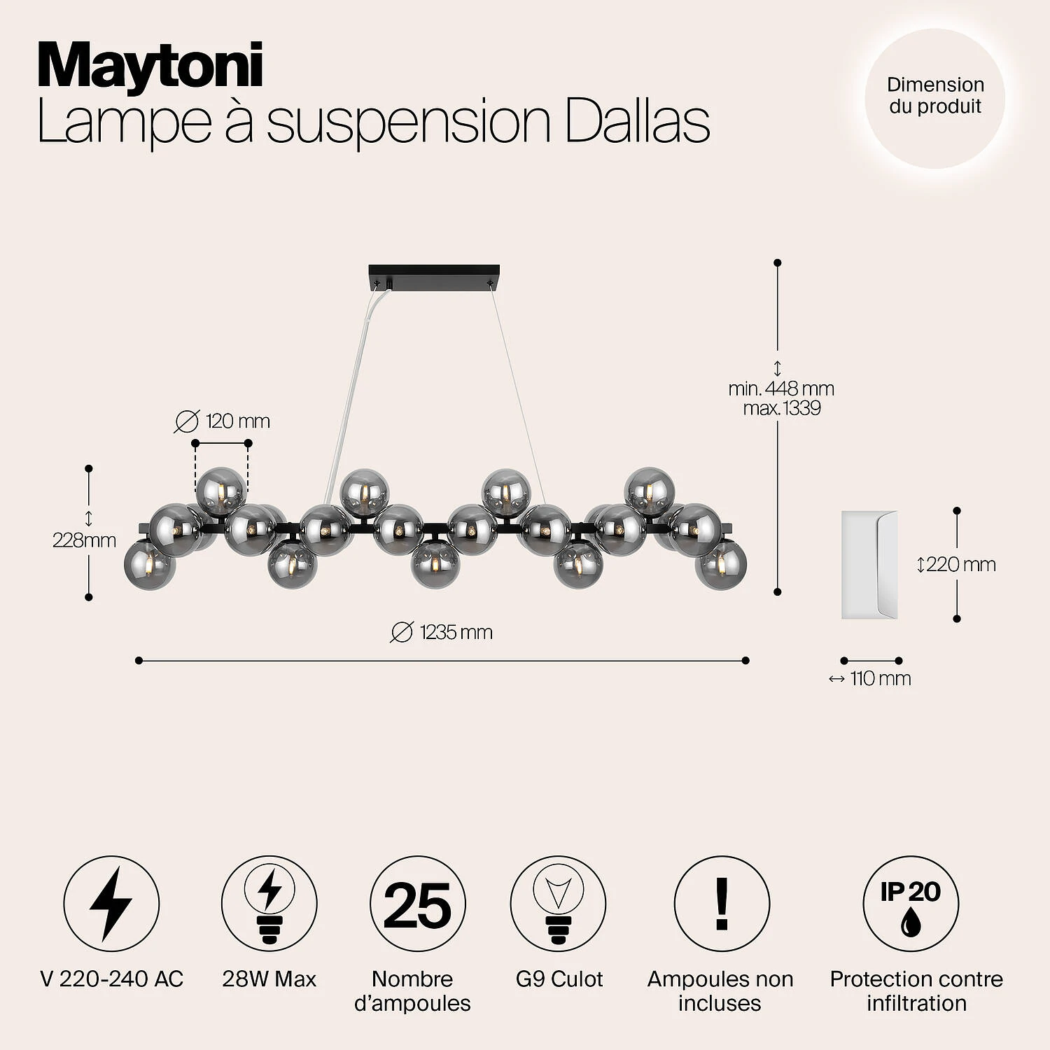 Подвесной светильник Modern Dallas, 25xG9 Черный, Дымчатый (Maytoni, MOD547PL-25B) - Amppa.ru