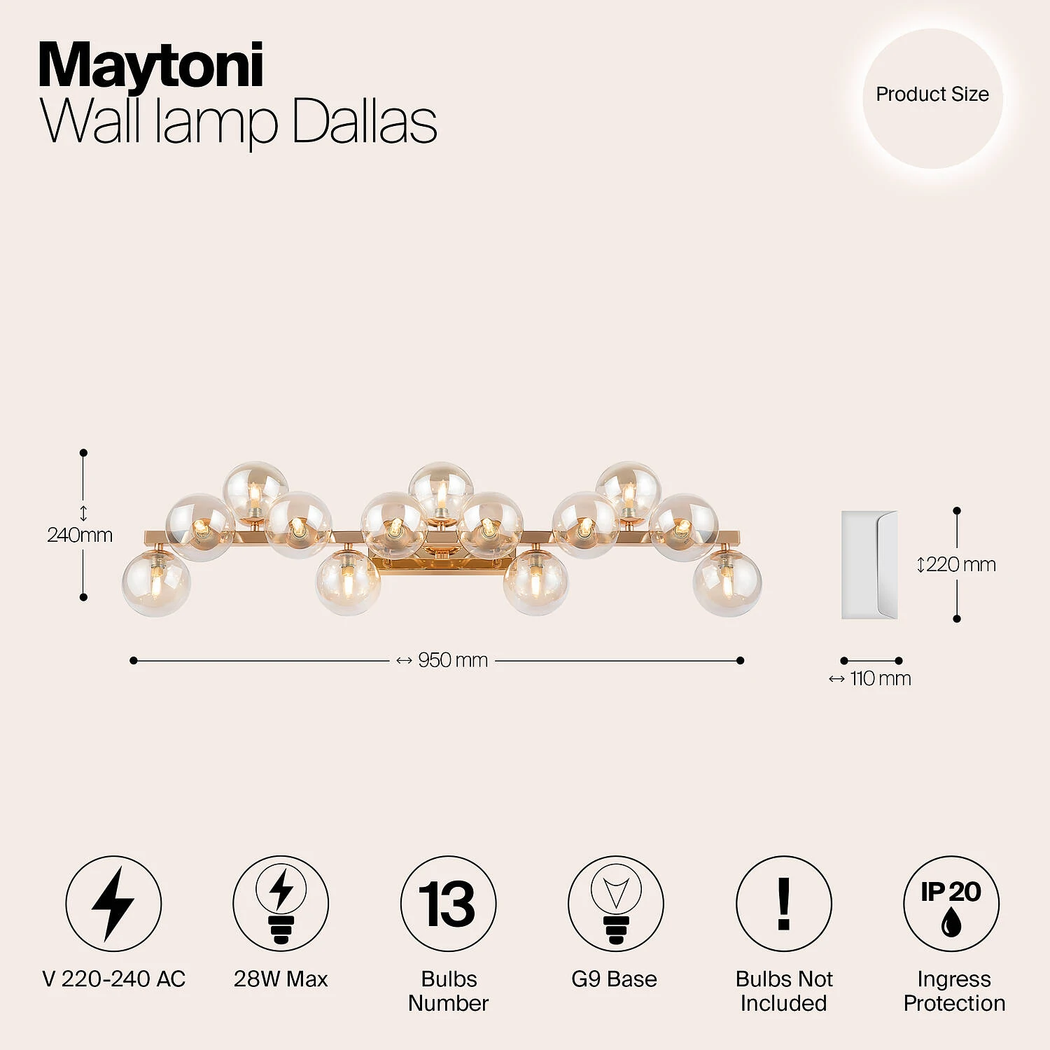 Бра Modern Dallas, 13xG9 Золото, Янтарный (Maytoni, MOD547WL-13G) - Amppa.ru